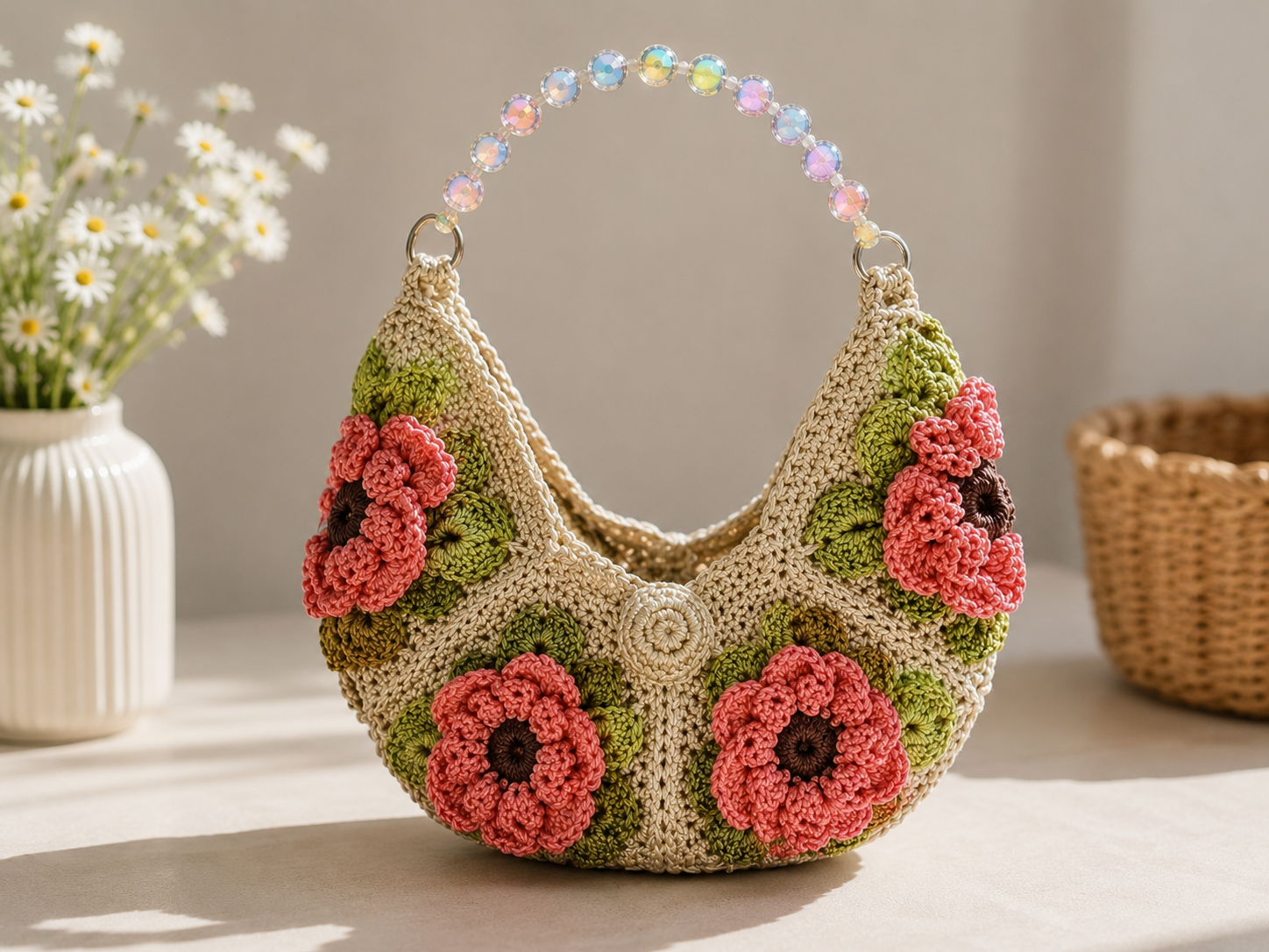 Handmade Crochet Floral Beaded Handbag – Vintage Bloom Purse